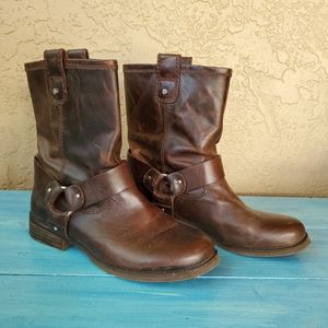 Brown buckled leather motorcycle moto boots